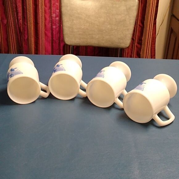 Milk Glass White and Blue Drinkware Set with Pedestal Design - Picture 3 of 8